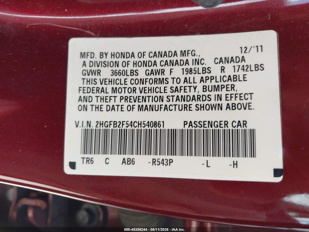 2HGFB2F54CH540861 2012 HONDA CIVIC photo no. 9