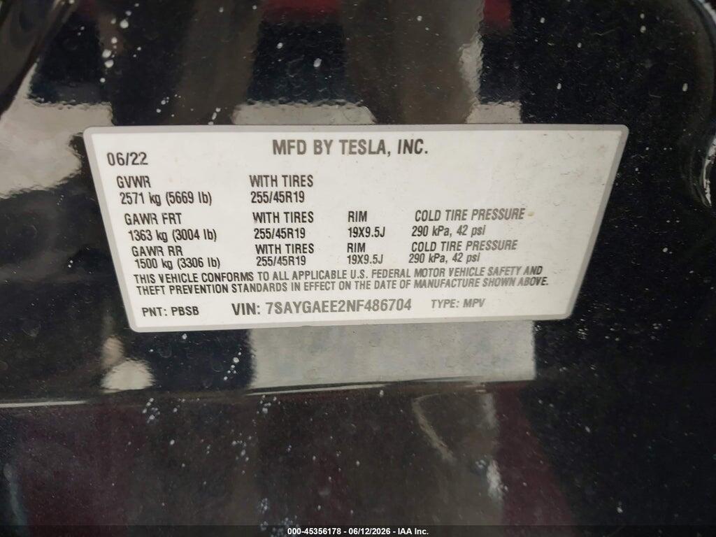 7SAYGAEE2NF486704 2022 TESLA MODEL Y photo no. 9