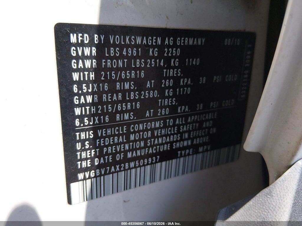 WVGBV7AX2BW509937 2011 VOLKSWAGEN TIGUAN photo no. 9