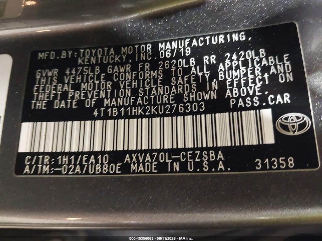 4T1B11HK2KU276303 2019 TOYOTA CAMRY photo no. 9