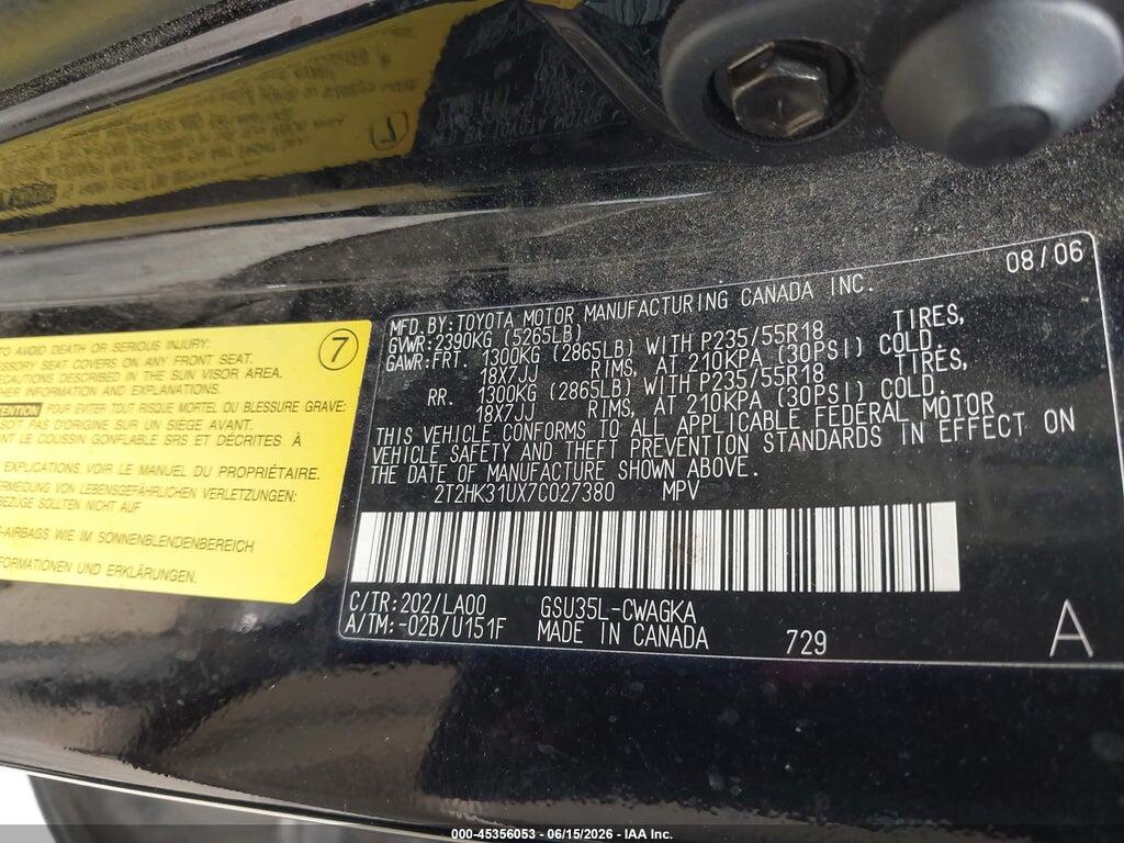 2T2HK31UX7C027380 2007 LEXUS RX 350 photo no. 9