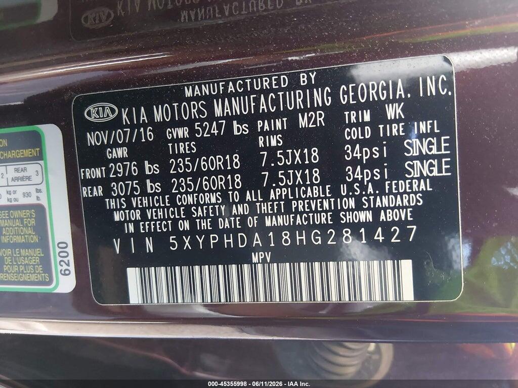 5XYPHDA18HG281427 2017 KIA SORENTO photo no. 9