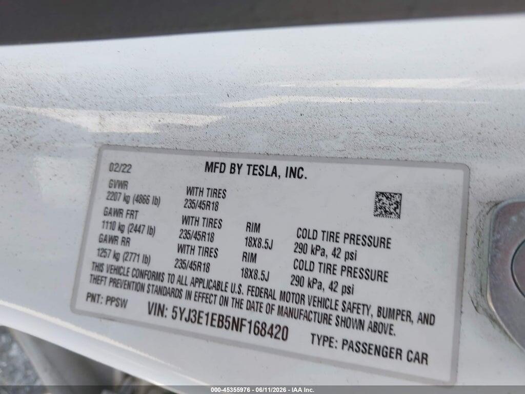 5YJ3E1EB5NF168420 2022 TESLA MODEL 3 photo no. 9