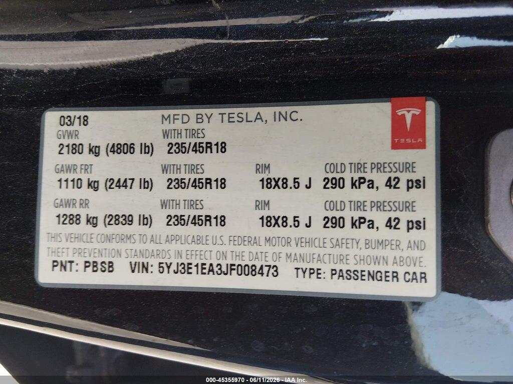 5YJ3E1EA3JF008473 2018 TESLA MODEL 3 photo no. 9