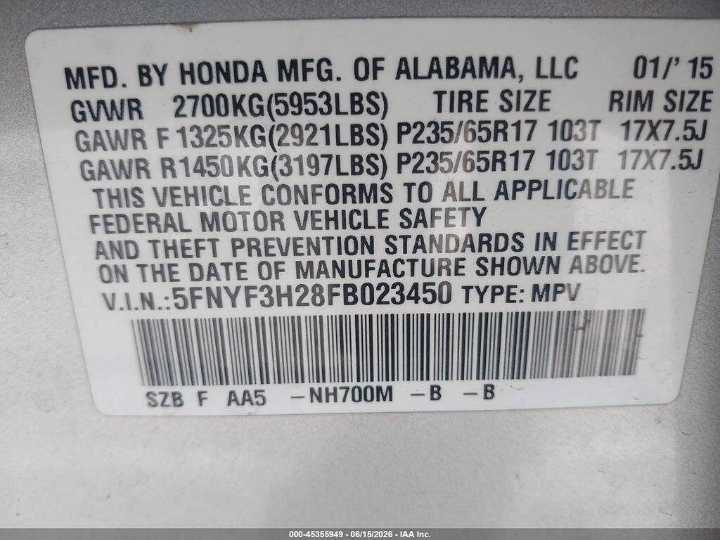 5FNYF3H28FB023450 2015 HONDA PILOT photo no. 9