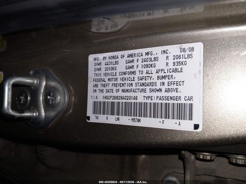 1HGCP26829A020146 2009 HONDA ACCORD photo no. 9