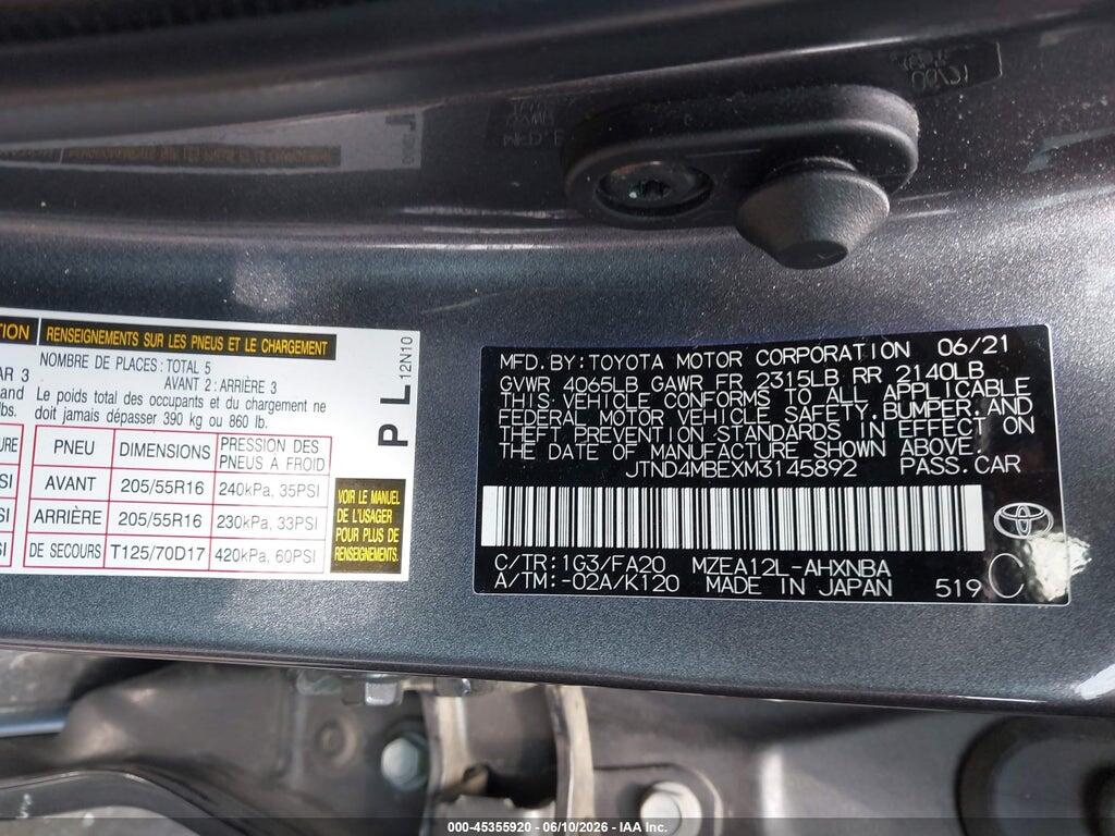 JTND4MBEXM3145892 2021 TOYOTA COROLLA photo no. 9