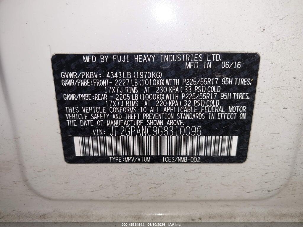 JF2GPANC9G8310096 2016 SUBARU CROSSTREK photo no. 9