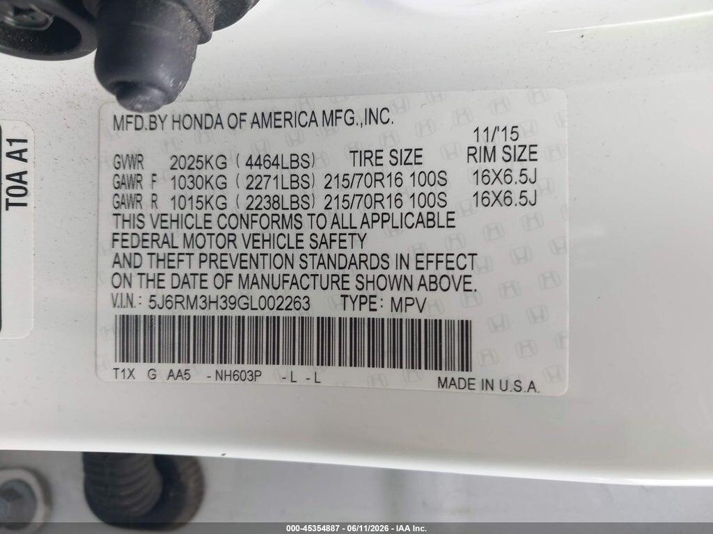 5J6RM3H39GL002263 2016 HONDA CR-V photo no. 9
