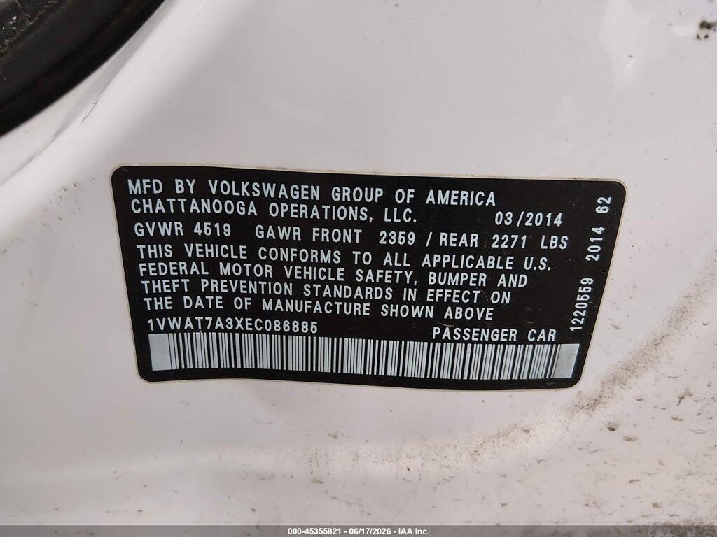 1VWAT7A3XEC086885 2014 VOLKSWAGEN PASSAT photo no. 9