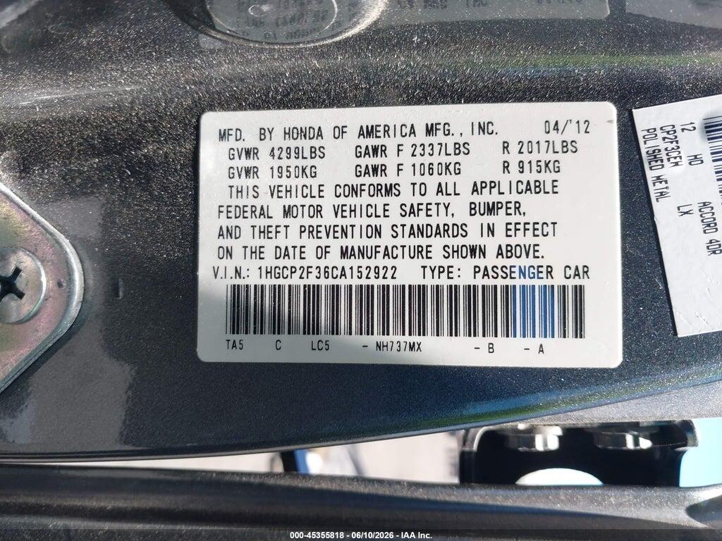 1HGCP2F36CA152922 2012 HONDA ACCORD photo no. 9
