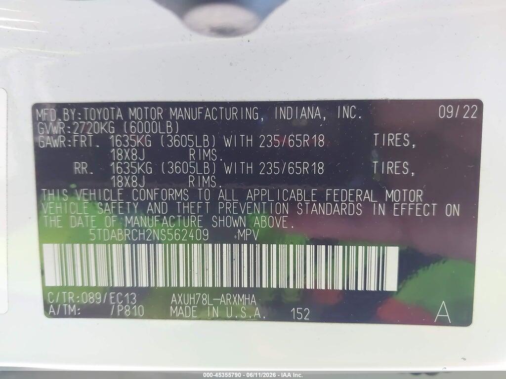 5TDABRCH2NS562409 2022 TOYOTA HIGHLANDER photo no. 9