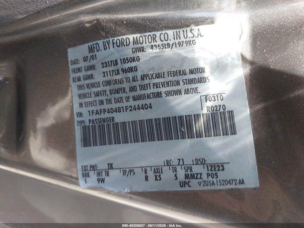 1FAFP40481F244404 2001 FORD MUSTANG photo no. 9