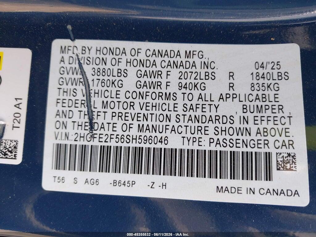 2HGFE2F56SH596046 2025 HONDA CIVIC photo no. 9
