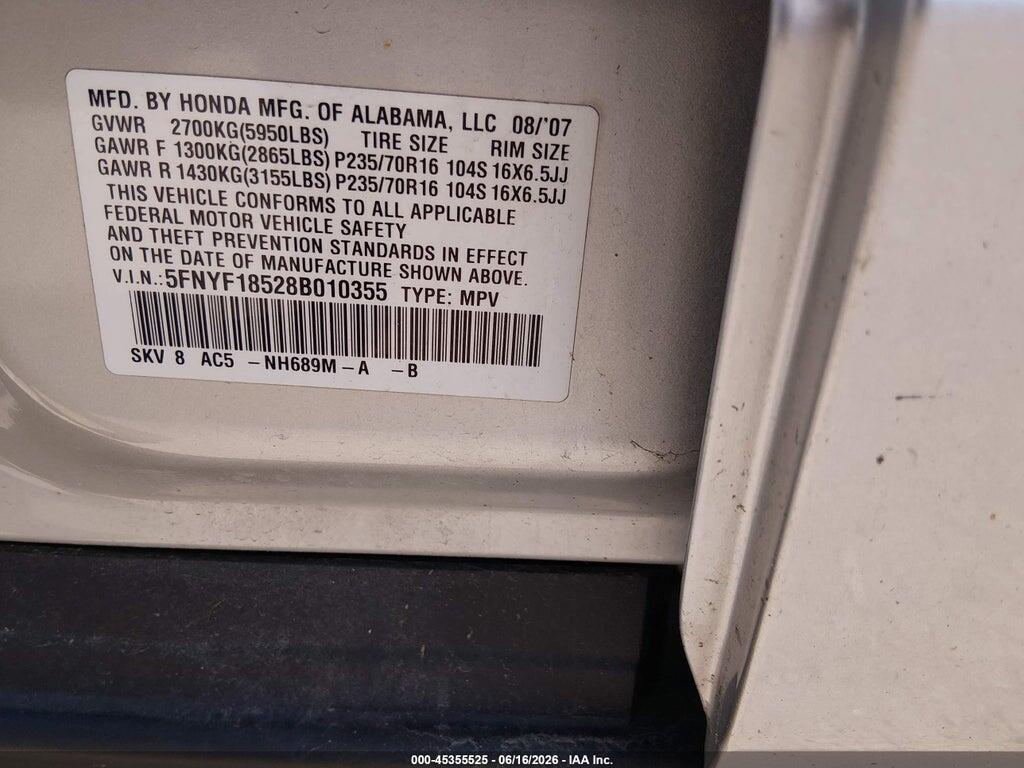 5FNYF18528B010355 2008 HONDA PILOT photo no. 9