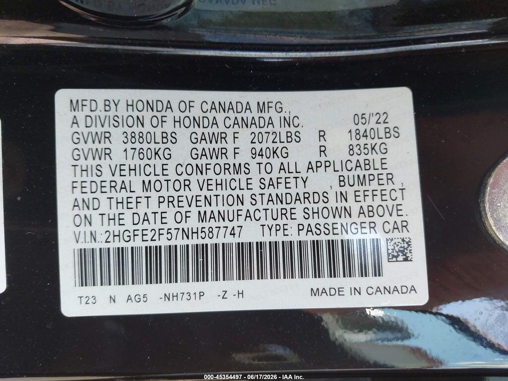 2HGFE2F57NH587747 2022 HONDA CIVIC photo no. 9