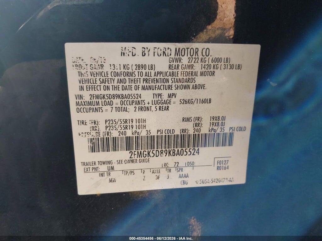 2FMGK5D89KBA05524 2019 FORD FLEX photo no. 9