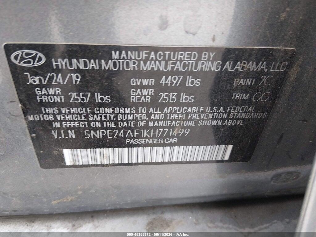 5NPE24AF1KH771499 2019 HYUNDAI SONATA photo no. 9