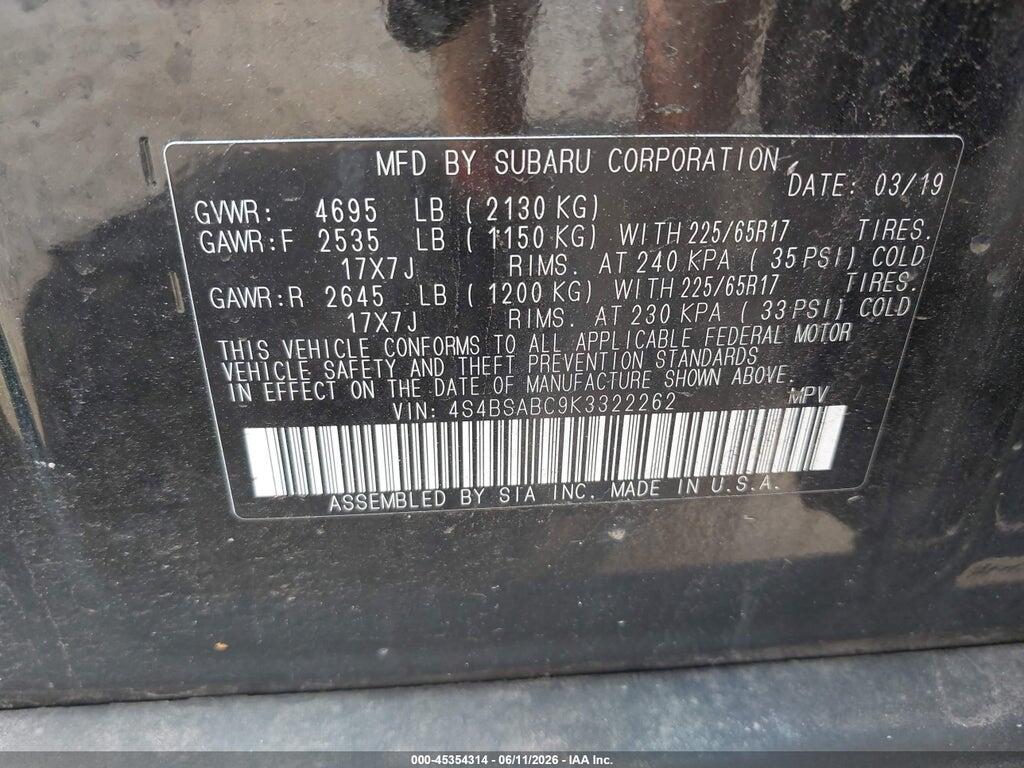 4S4BSABC9K3322262 2019 SUBARU OUTBACK photo no. 9