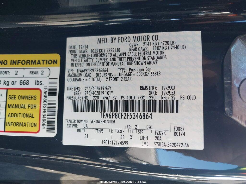 1FA6P8CF2F5346864 2015 FORD MUSTANG photo no. 9