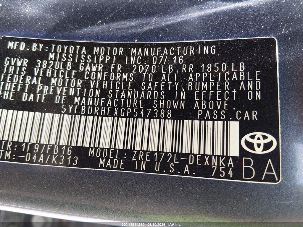 5YFBURHEXGP547388 2016 TOYOTA COROLLA photo no. 9