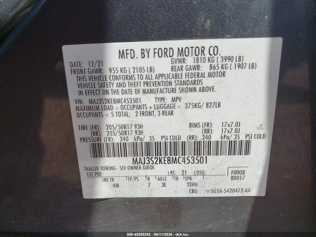 MAJ3S2KE8MC453501 2021 FORD ECOSPORT photo no. 9