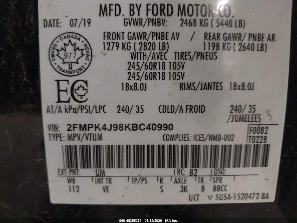 2FMPK4J98KBC40990 2019 FORD EDGE photo no. 9