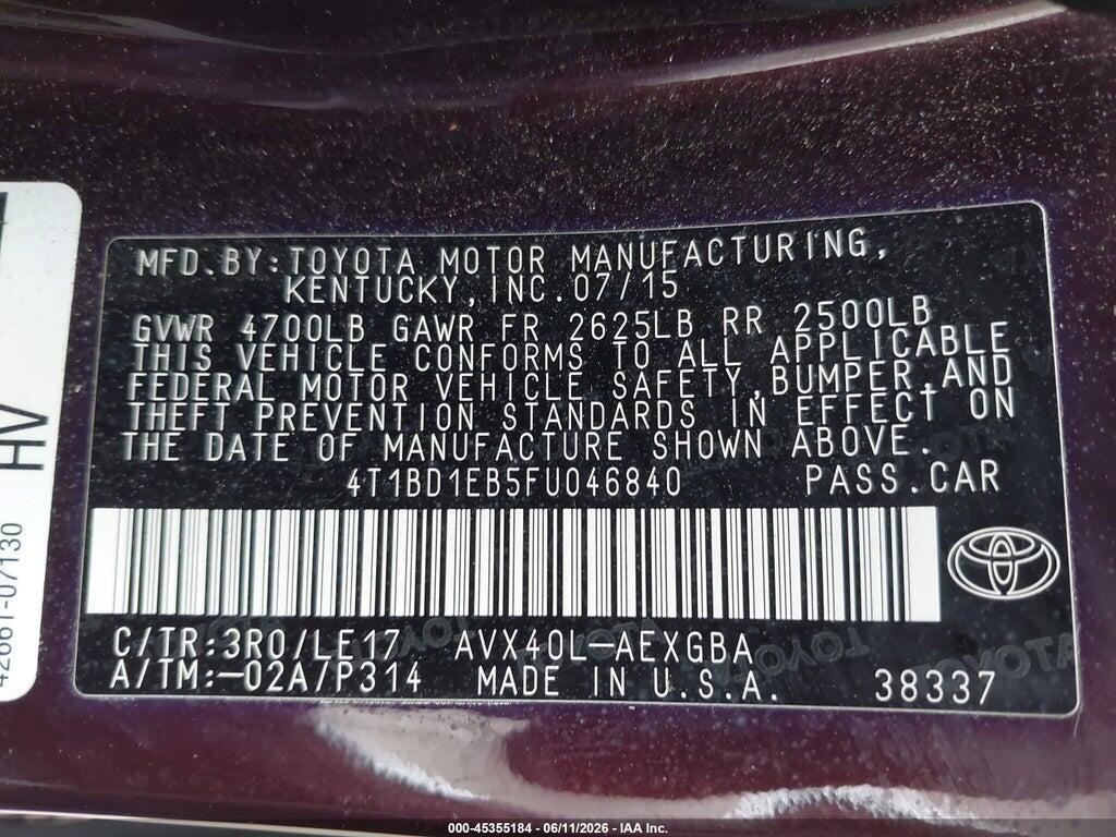 4T1BD1EB5FU046840 2015 TOYOTA AVALON HYBRID photo no. 9