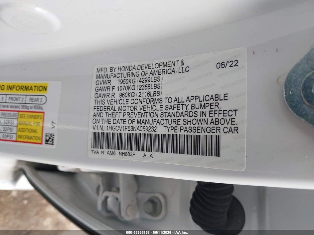 1HGCV1F53NA059232 2022 HONDA ACCORD photo no. 9