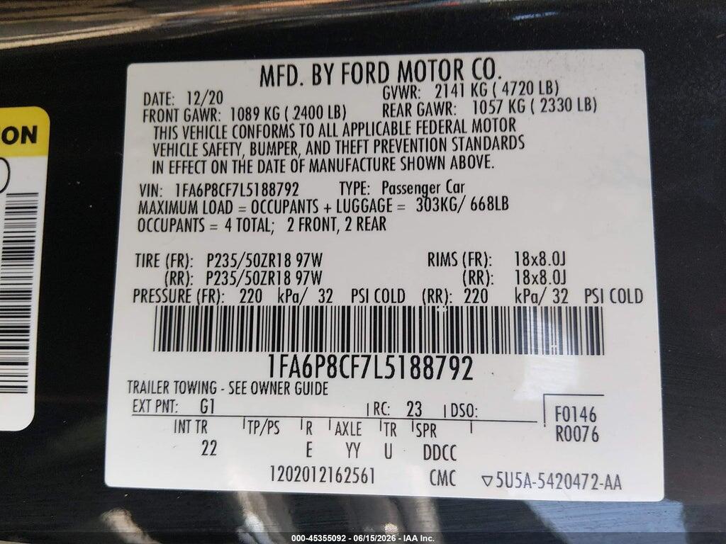 1FA6P8CF7L5188792 2020 FORD MUSTANG photo no. 9
