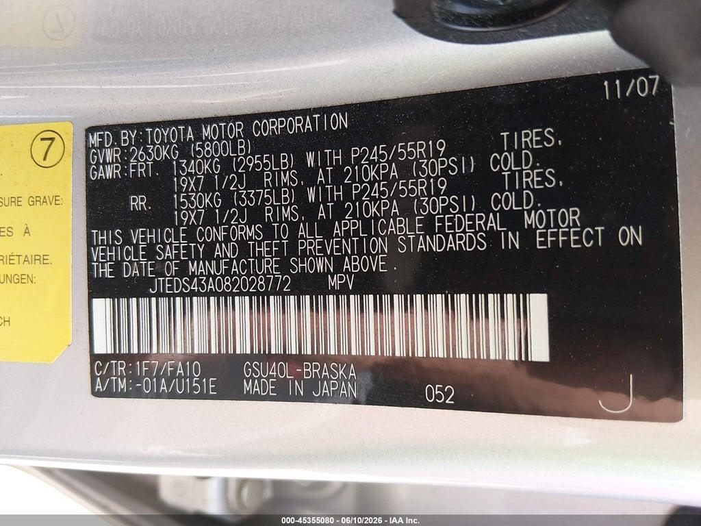 JTEDS43A082028772 2008 TOYOTA HIGHLANDER photo no. 9