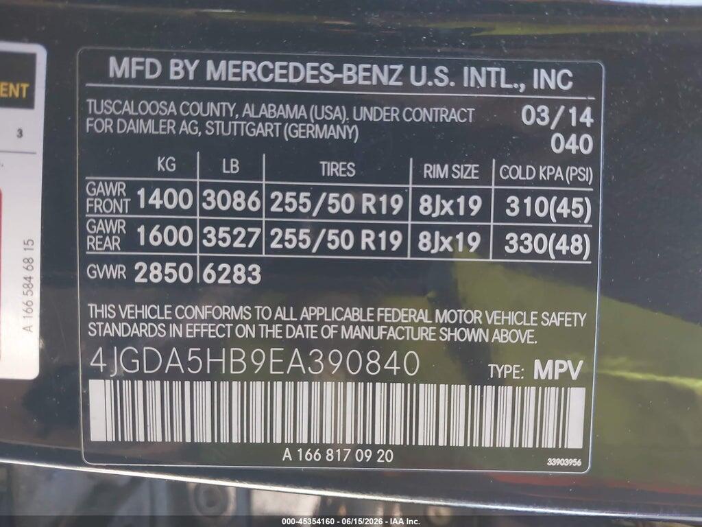 4JGDA5HB9EA390840 2014 MERCEDES-BENZ ML 350 photo no. 9