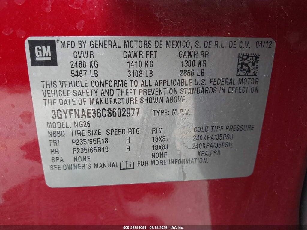 3GYFNAE36CS602977 2012 CADILLAC SRX photo no. 9
