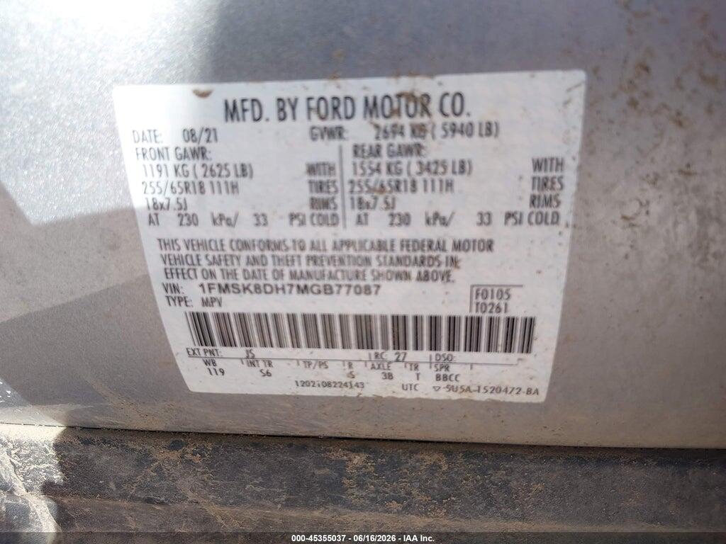 1FMSK8DH7MGB77087 2021 FORD EXPLORER photo no. 9