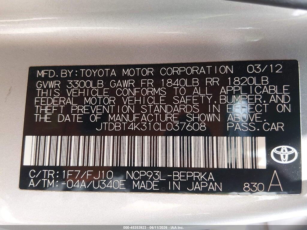 JTDBT4K31CL037608 2012 TOYOTA YARIS photo no. 9