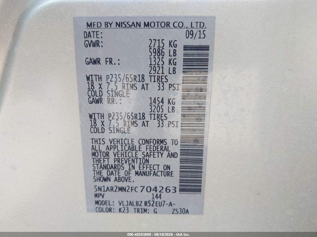 5N1AR2MN2FC704263 2015 NISSAN PATHFINDER photo no. 9