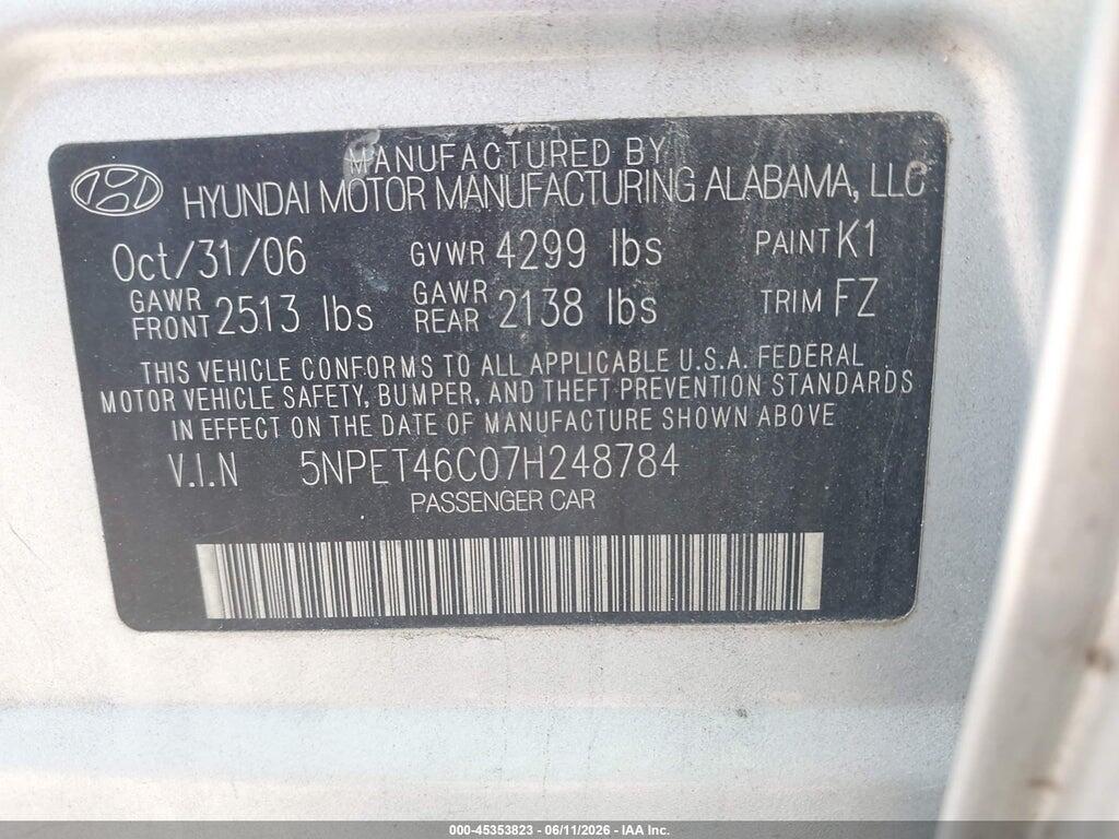 5NPET46C07H248784 2007 HYUNDAI SONATA photo no. 9