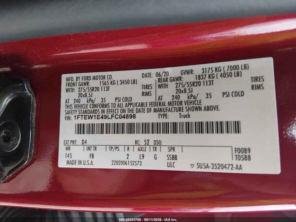 1FTEW1E49LFC04898 2020 FORD F-150 photo no. 9