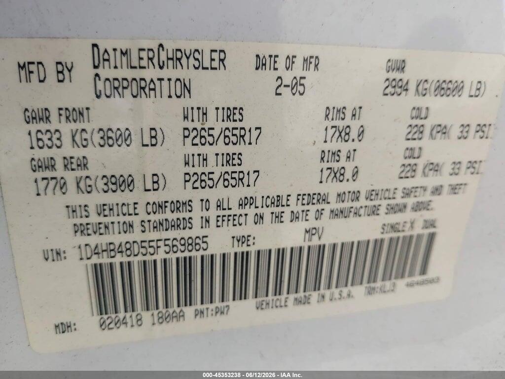 1D4HB48D55F569865 2005 DODGE DURANGO photo no. 9