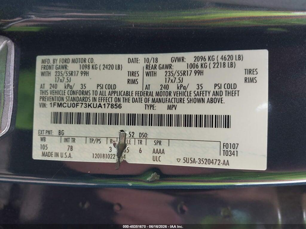 1FMCU0F73KUA17856 2019 FORD ESCAPE photo no. 9