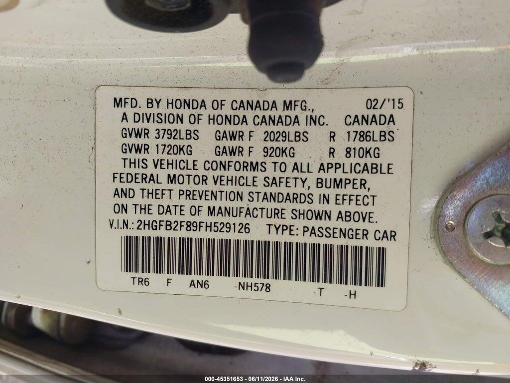 2HGFB2F89FH529126 2015 HONDA CIVIC photo no. 9