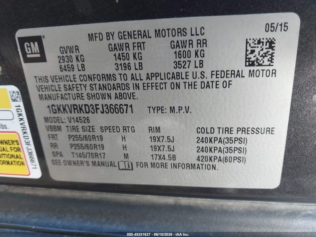 1GKKVRKD3FJ366671 2015 GMC ACADIA photo no. 9