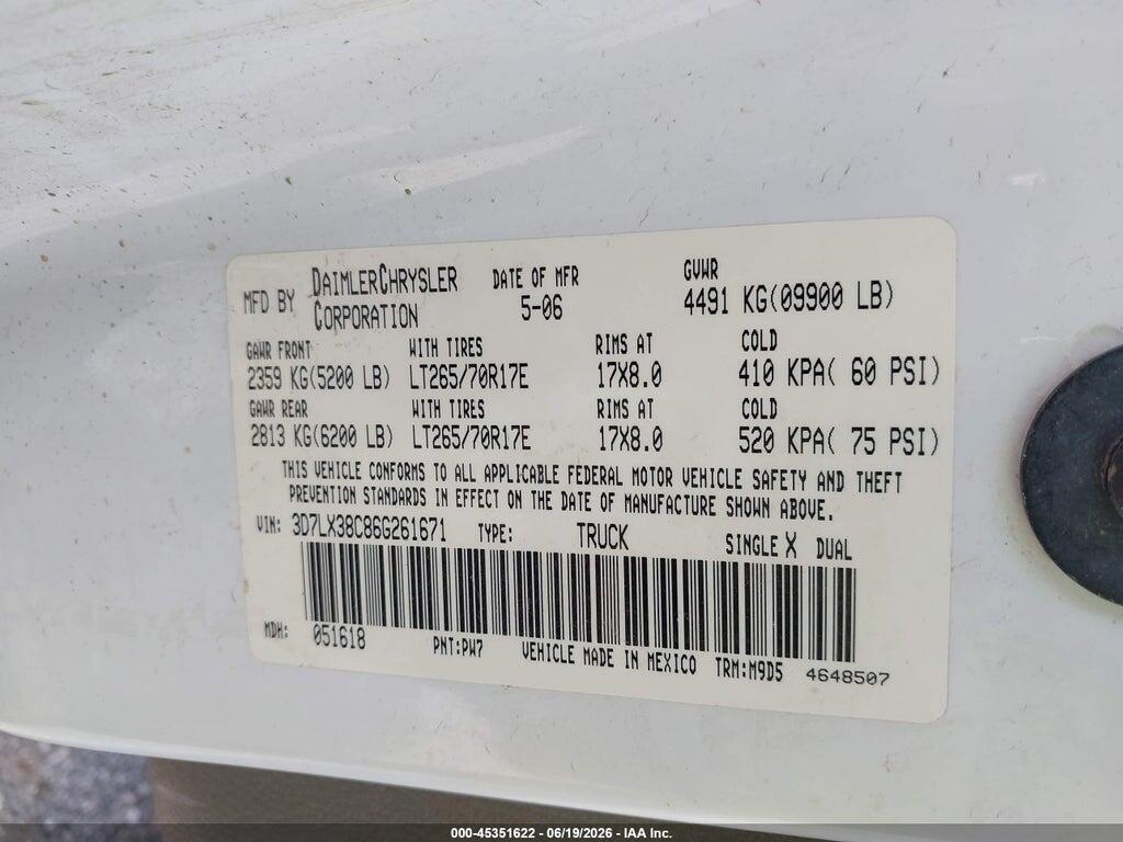 3D7LX38C86G261671 2006 DODGE RAM 3500 photo no. 9