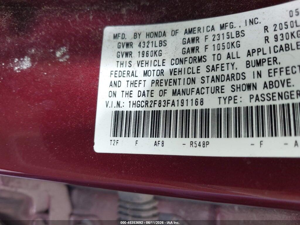 1HGCR2F83FA191168 2015 HONDA ACCORD photo no. 9