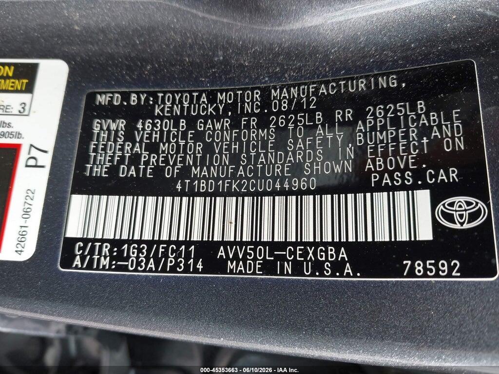 4T1BD1FK2CU044960 2012 TOYOTA CAMRY HYBRID photo no. 9