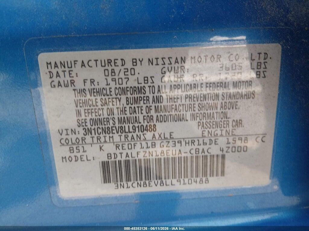 3N1CN8EV8LL910488 2020 NISSAN VERSA photo no. 9