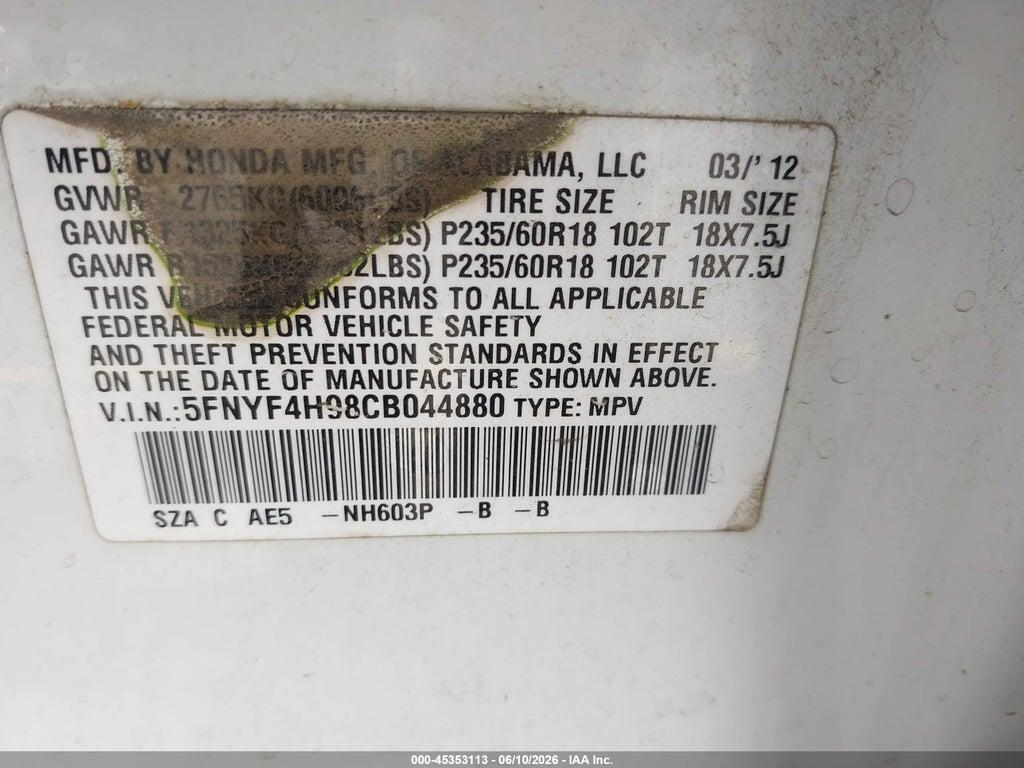 5FNYF4H98CB044880 2012 HONDA PILOT photo no. 9