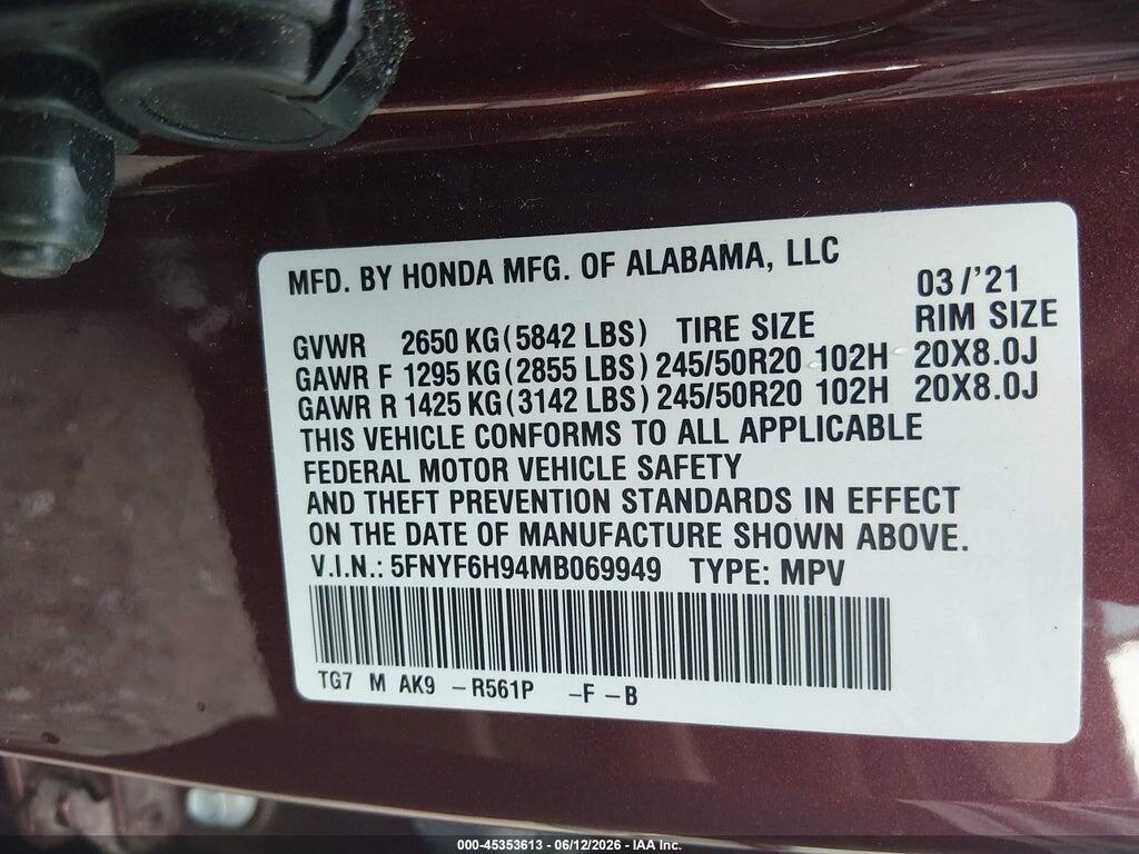 5FNYF6H94MB069949 2021 HONDA PILOT photo no. 9