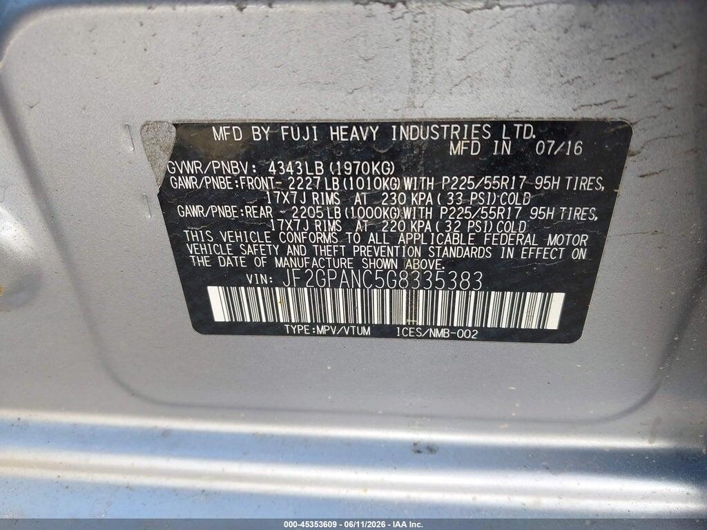 JF2GPANC5G8335383 2016 SUBARU CROSSTREK photo no. 9