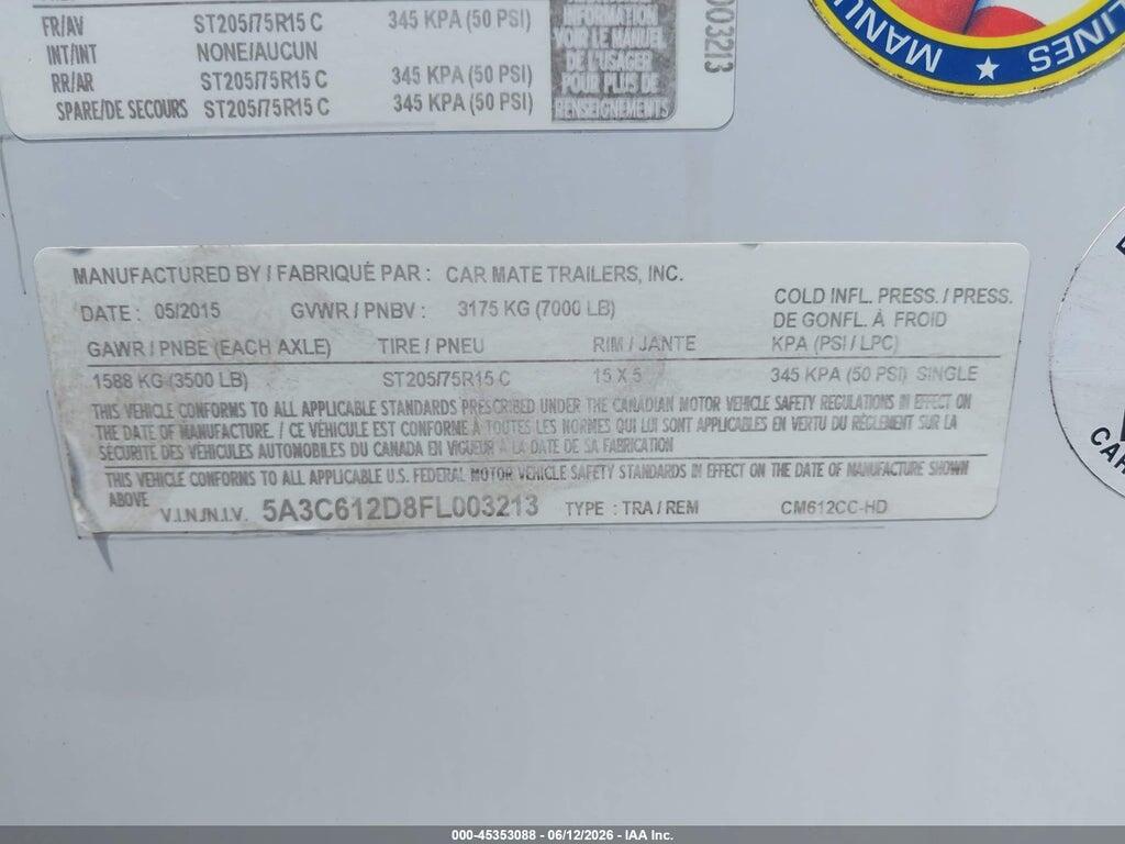 5A3C612D8FL003213 2015 CARMATE TRAILER photo no. 9